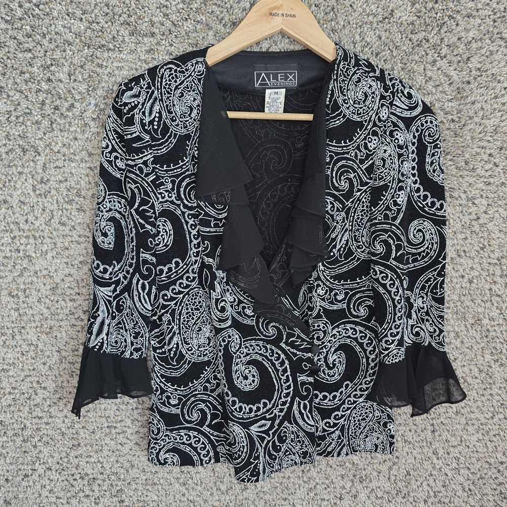 Alex Evenings Cardigan Womens Medium Black Button Cocktail Ruffle Ladies‎